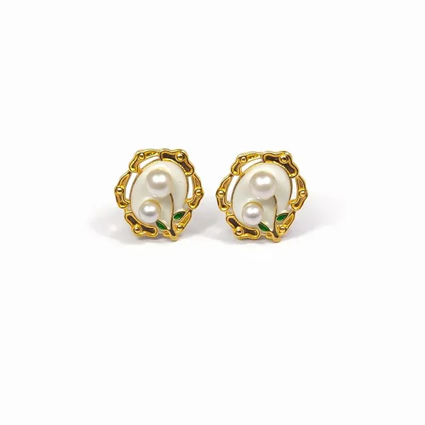 Gold_Plated_Lily_Of_The_Valley_Enamal_Pearl_Stud_Earrings_For_Women